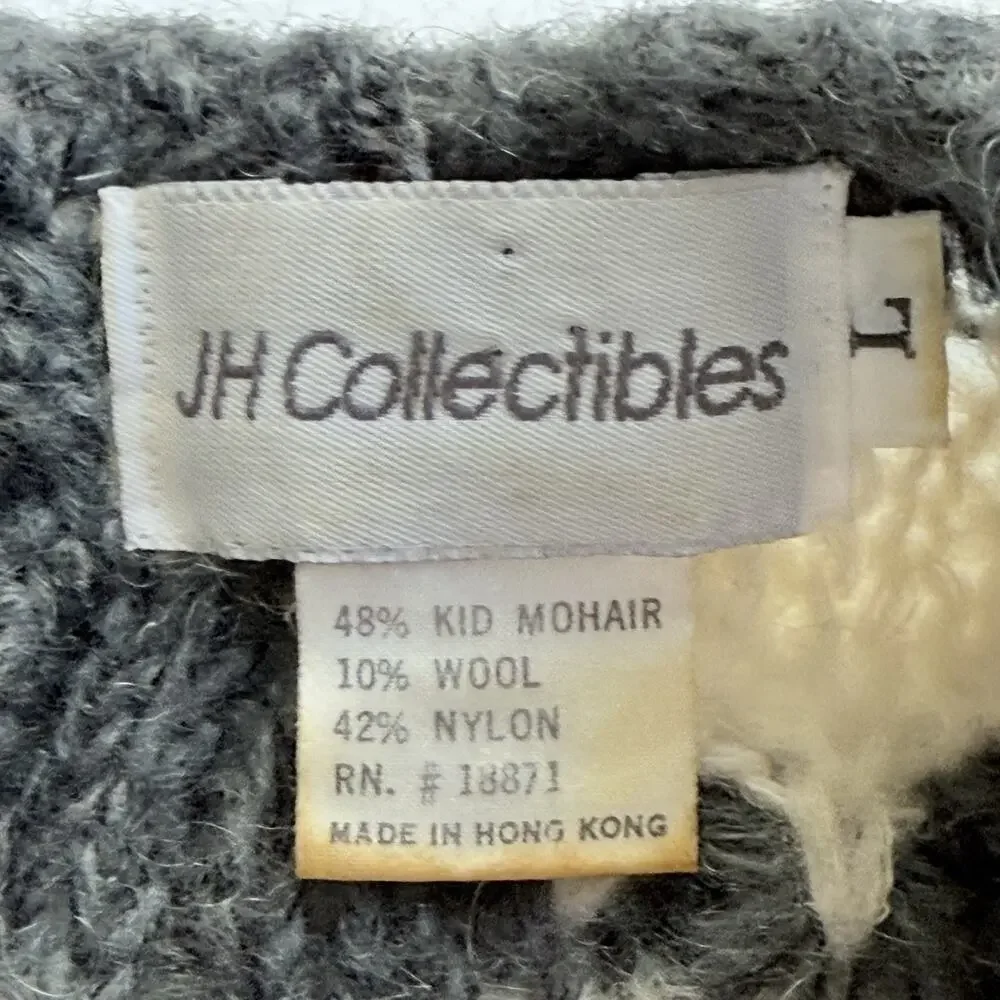 JH Collectibles VINTAGE Sweater Large Gray Cream Mohair Blend Chunky Puff Sleeve